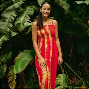 VTG 90s Hilo Hattie Ohia Long Smock Dress Red Floral Hawaiian Print OS Sundress